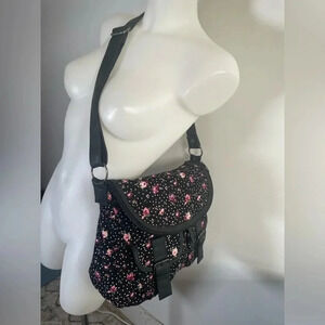 Olsenboye Floral Crossbody Bag Corduroy Black Pink Leather Strap GUC! 0096
